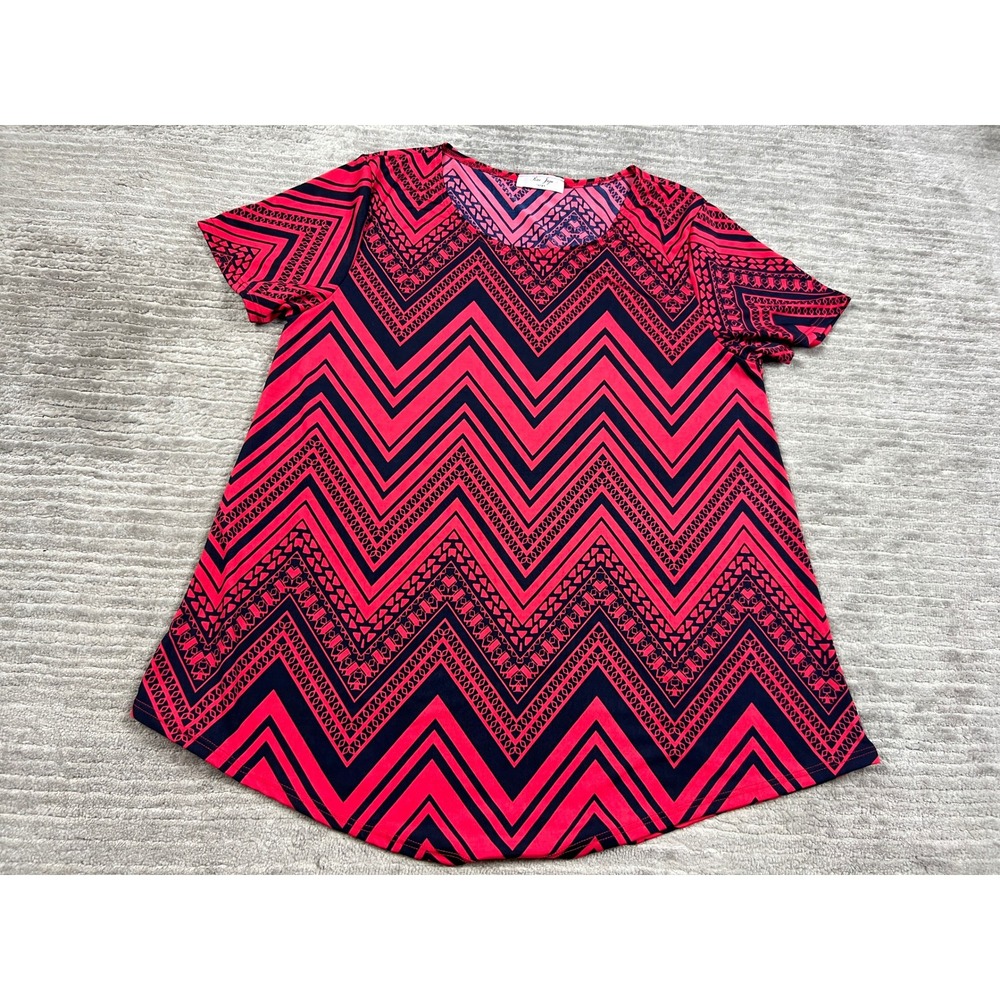 Rue Juju Tunic Top Womens L Pink Navy Chevron Geometric Short Sleeve Scoop Neck